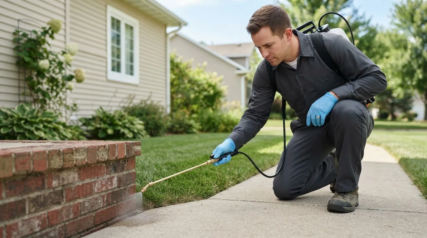 Pest control technician treating a home near Bynum, TX