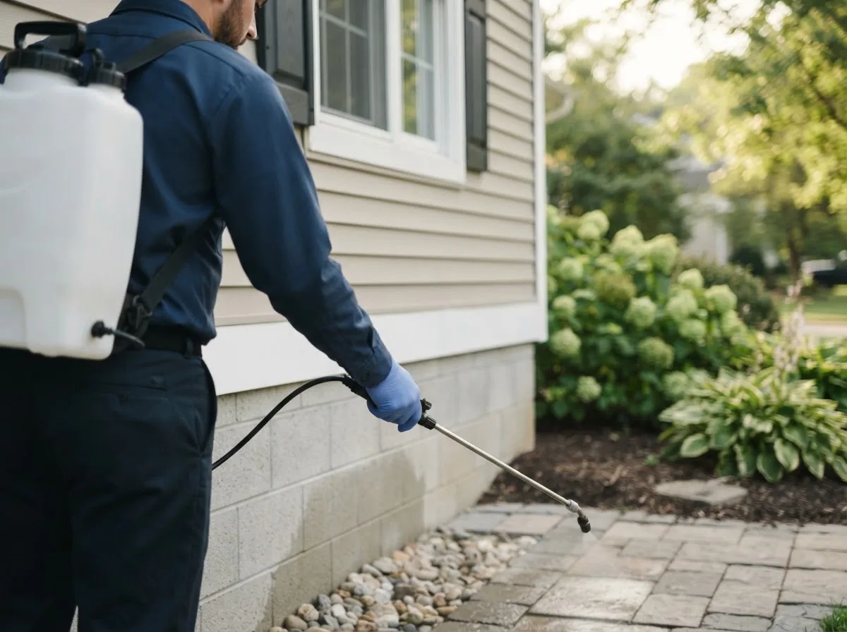 Pest control technician inspecting a home in Bynum, TX
